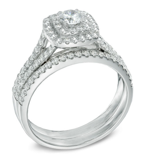 Previously Owned - 7/8 CT. T.w. Diamond Double Square Frame Bridal Set in 14K White Gold