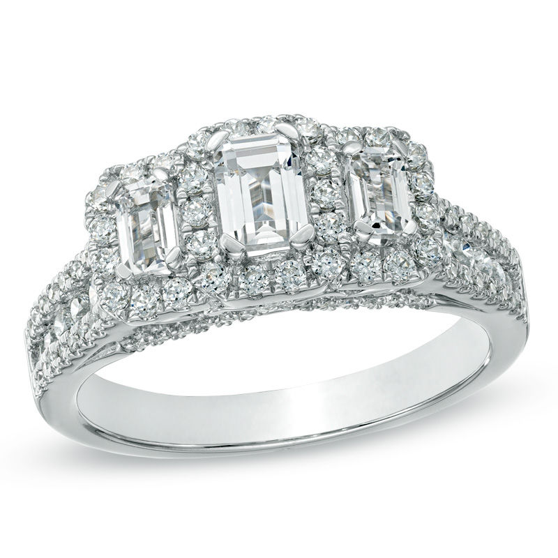 Main Image 1 of Previously Owned - 1-1/2 CT. T.W. Emerald-Cut Diamond Three Stone Frame Ring in 14K White Gold