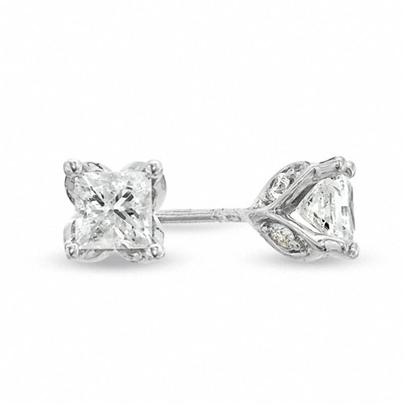 Main Image 1 of Previously Owned - 1-1/3 CT. T.W. Princess-Cut Diamond Tulip Stud Earrings in 14K White Gold