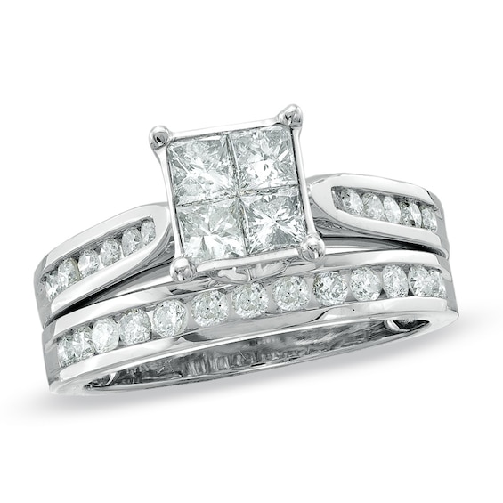 Previously Owned - 1-1/4 CT. T.w. Princess-Cut Quad Diamond Bridal Set in 14K White Gold