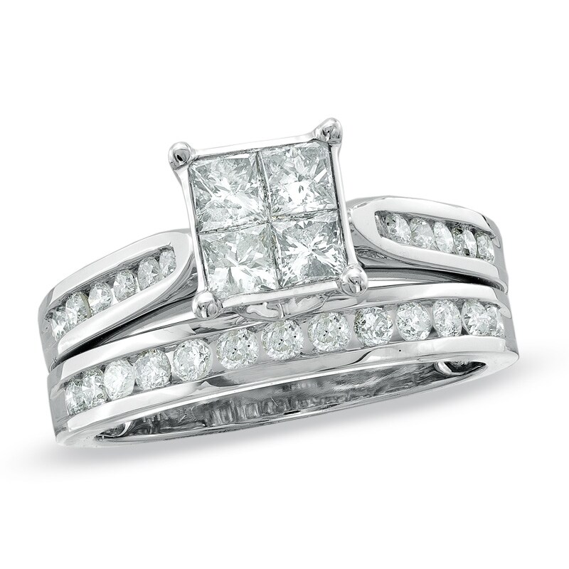 Main Image 1 of Previously Owned - 1-1/4 CT. T.W. Princess-Cut Quad Diamond Bridal Set in 14K White Gold