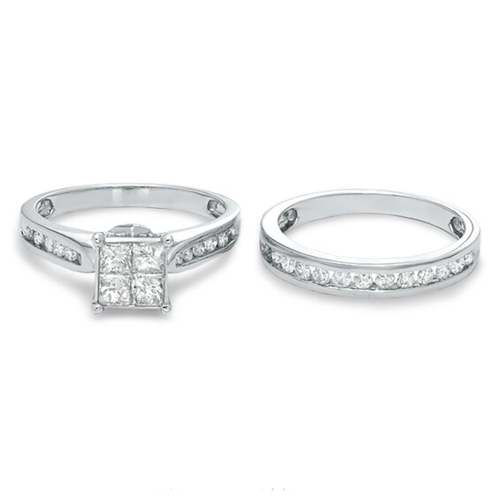 Previously Owned - 1-1/4 CT. T.w. Princess-Cut Quad Diamond Bridal Set in 14K White Gold