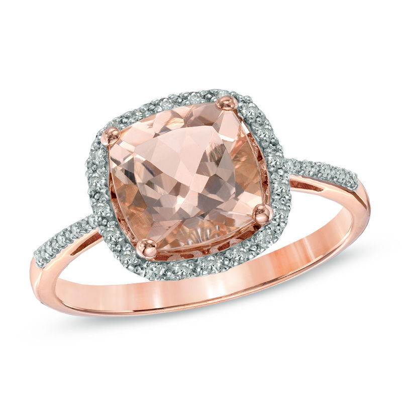 Previously Owned - 8.0mm Cushion-Cut Morganite and 1/8 CT. T.W. Diamond Frame Ring in 10K Rose Gold