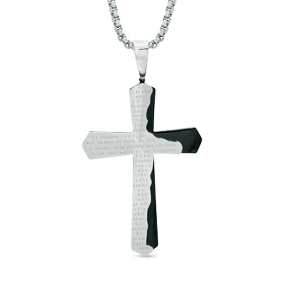 Previously Owned - Men's Lord's Prayer Tablet Cross Pendant in Two-Tone Stainless Steel - 24"