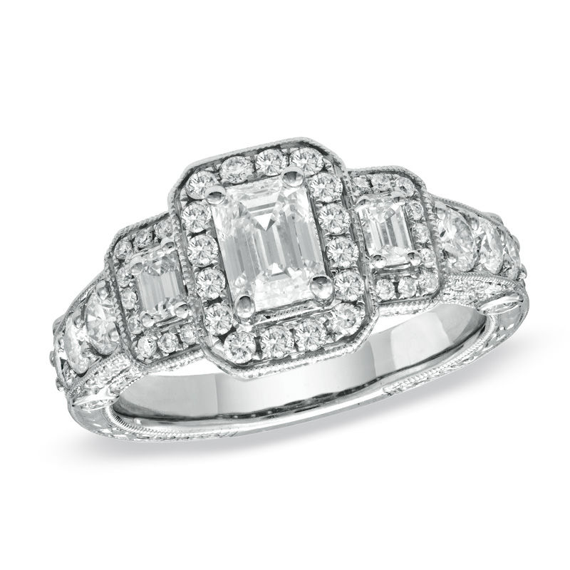 Main Image 1 of Previously Owned - 2 CT. T.W.  Framed Emerald-Cut Diamond Three Stone Ring in 14K White Gold