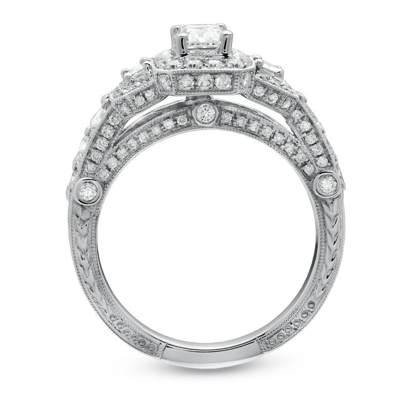 Main Image 2 of Previously Owned - 2 CT. T.W.  Framed Emerald-Cut Diamond Three Stone Ring in 14K White Gold