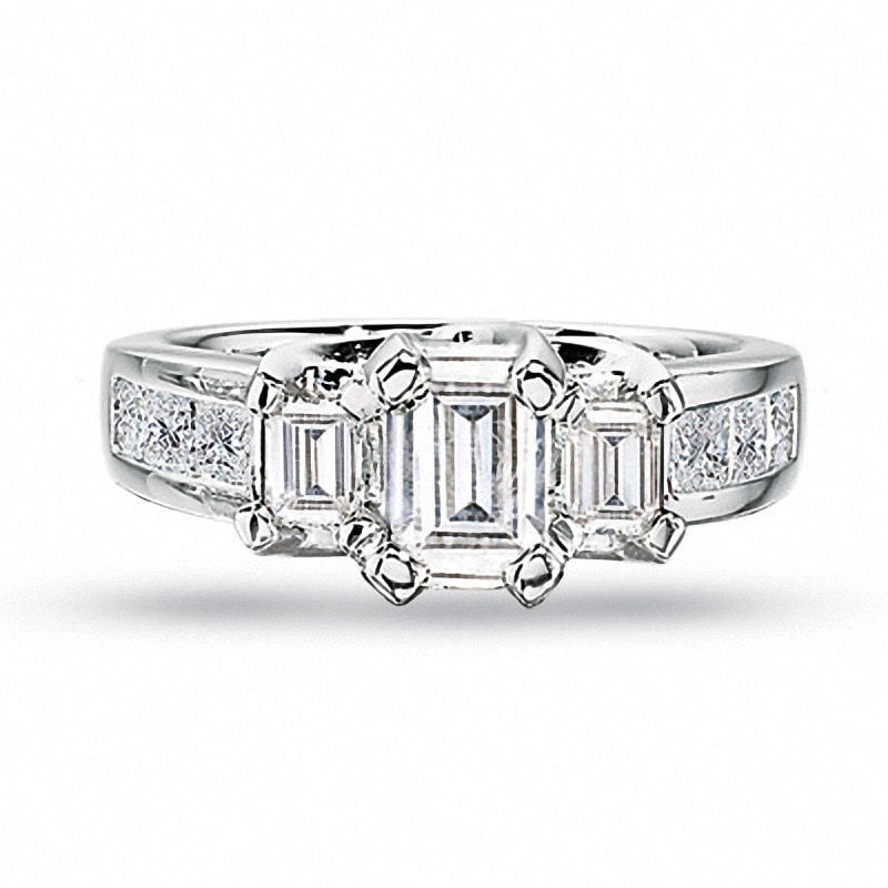 Main Image 1 of Previously Owned - 1 CT. T.W.  Emerald-Cut Diamond Three Stone Engagement Ring in 14K White Gold