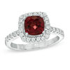 Thumbnail Image 1 of Previously Owned - 7.0mm Cushion-Cut Garnet and Lab-Created White Sapphire Frame Ring in Sterling Silver