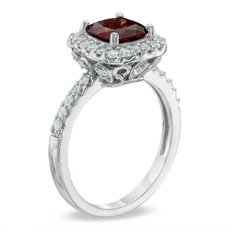 Main Image 2 of Previously Owned - 7.0mm Cushion-Cut Garnet and Lab-Created White Sapphire Frame Ring in Sterling Silver
