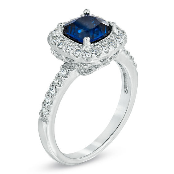 Previously Owned - 7.0mm Cushion-Cut Lab-Created Blue and White Sapphire Frame Ring in Sterling Silver