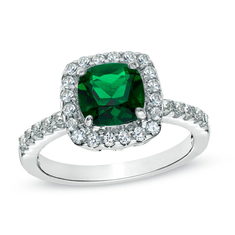 Main Image 1 of Previously Owned - 7.0mm Cushion-Cut Green Quartz and Lab-Created White Sapphire Ring in Sterling Silver