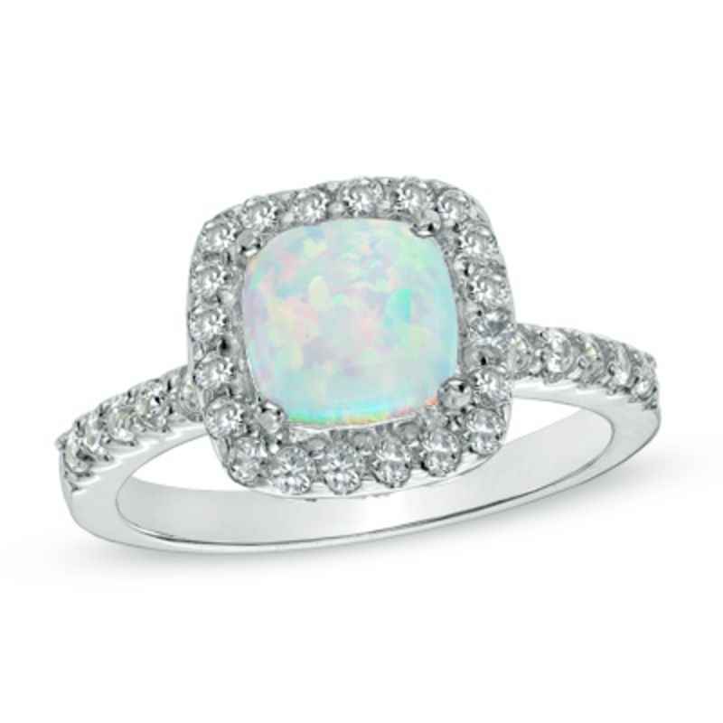 Main Image 1 of Previously Owned - 7.0mm Cushion-Cut Lab-Created Opal and White Sapphire Frame Ring in Sterling Silver