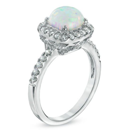Previously Owned - 7.0mm Cushion-Cut Lab-Created Opal and White Sapphire Frame Ring in Sterling Silver