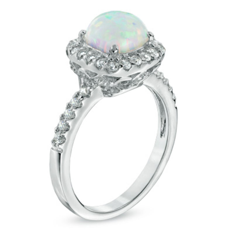 Main Image 2 of Previously Owned - 7.0mm Cushion-Cut Lab-Created Opal and White Sapphire Frame Ring in Sterling Silver