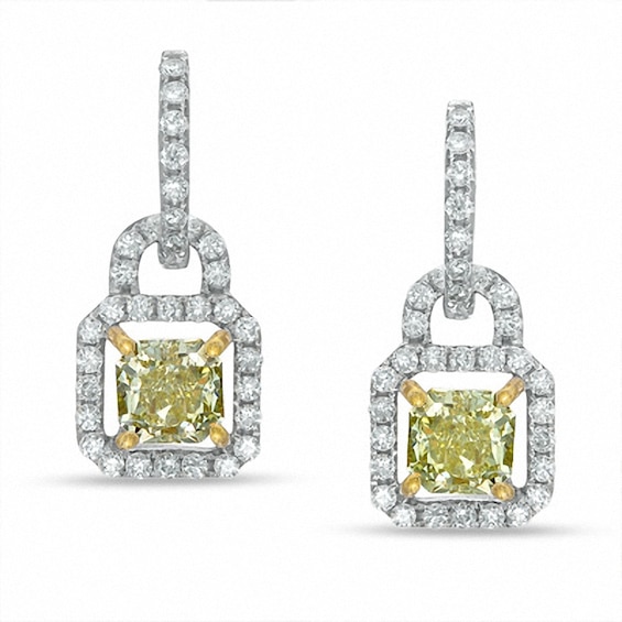 Previously Owned - 2 CT. T.w. Cushion-Cut Fancy Yellow and White Diamond Drop Earrings in 14K White Gold (Si2)