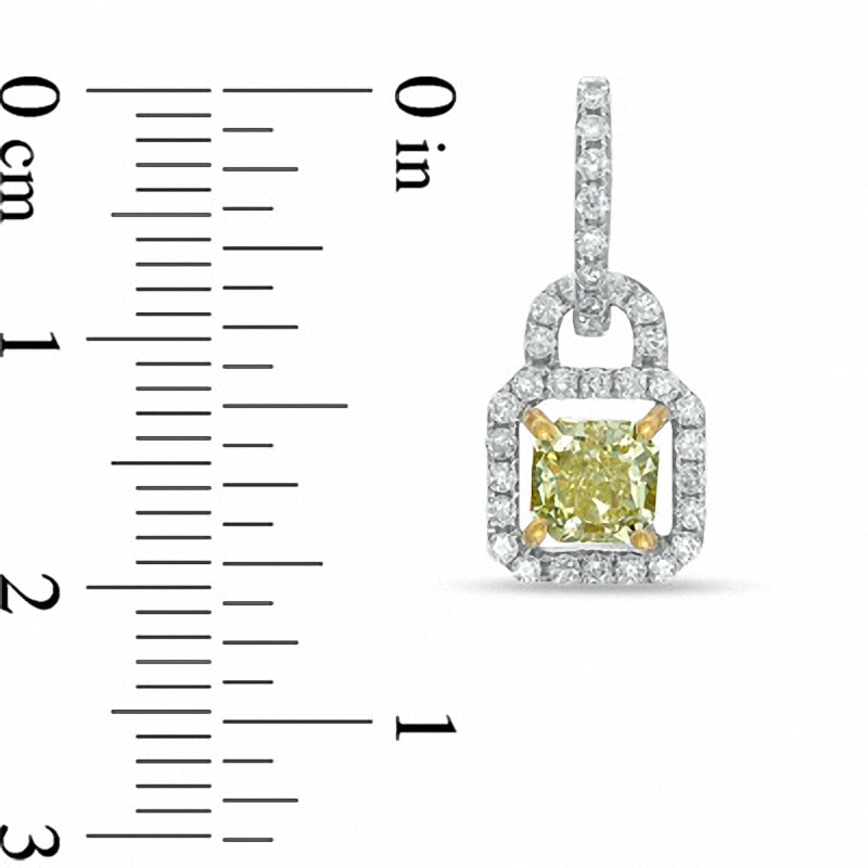 Main Image 2 of Previously Owned - 2 CT. T.W. Cushion-Cut Fancy Yellow and White Diamond Drop Earrings in 14K White Gold (SI2)