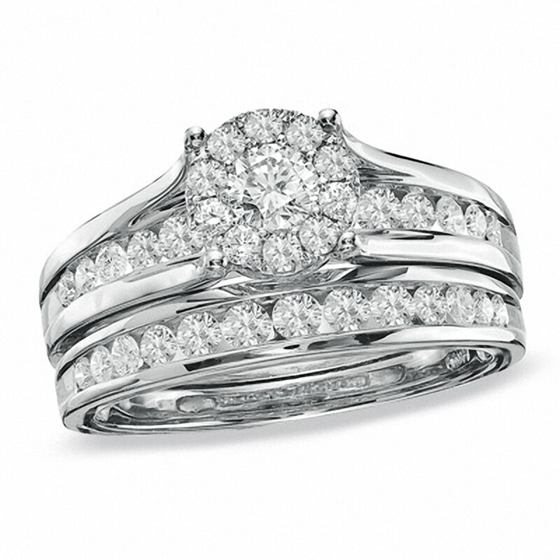 Main Image 1 of Previously Owned - 1 CT. T.W. Framed Diamond Bridal Set in 14K White Gold