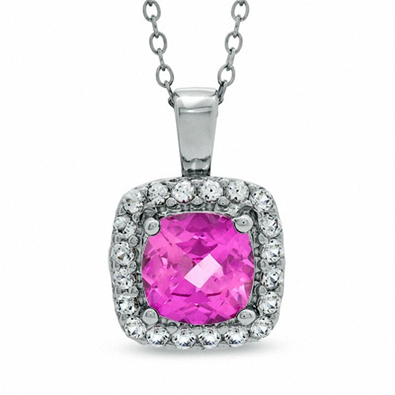 Main Image 1 of Previously Owned - 7.0mm Cushion-Cut Lab-Created Pink and White Sapphire Frame Pendant in Sterling Silver