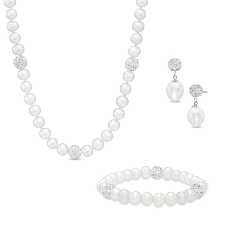 Main Image 1 of Previously Owned-6.0-8.0mm Freshwater Cultured Pearl and Crystal Strand Necklace, Bracelet and Drop Earrings Set in Sterling Silver