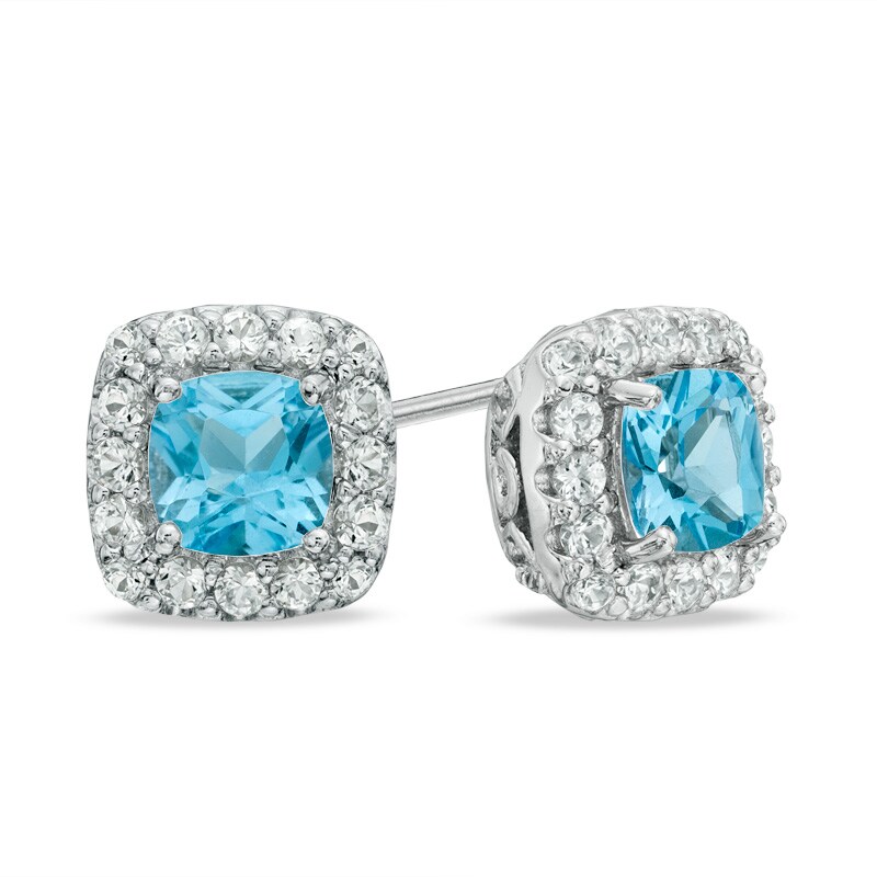 Main Image 1 of Previously Owned - 5.0mm Cushion-Cut Swiss Blue Topaz and Lab-Created White Sapphire Stud Earrings in Sterling Silver
