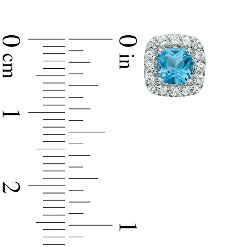 Main Image 2 of Previously Owned - 5.0mm Cushion-Cut Swiss Blue Topaz and Lab-Created White Sapphire Stud Earrings in Sterling Silver