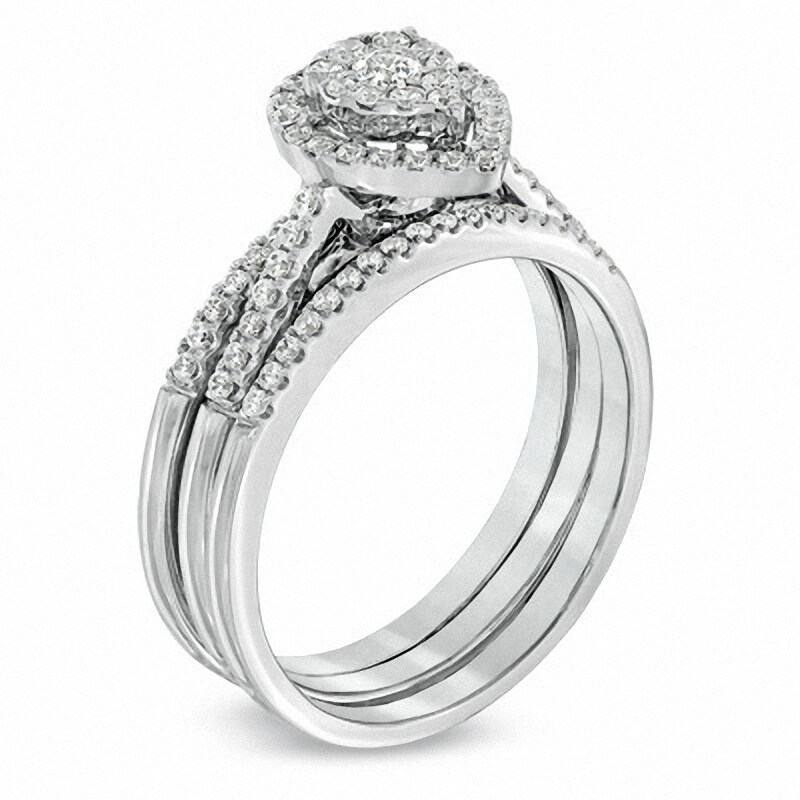 Main Image 2 of Previously Owned - 1/2 CT. T.W. Diamond Cluster Pear-Shaped Frame Three Piece Bridal Set in 10K White Gold