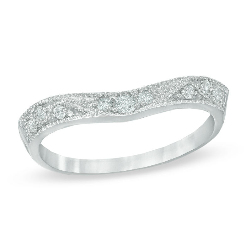 Main Image 1 of Previously Owned - 1/8 CT. T.W. Diamond Vintage-Style Contour Wedding Band in 14K White Gold