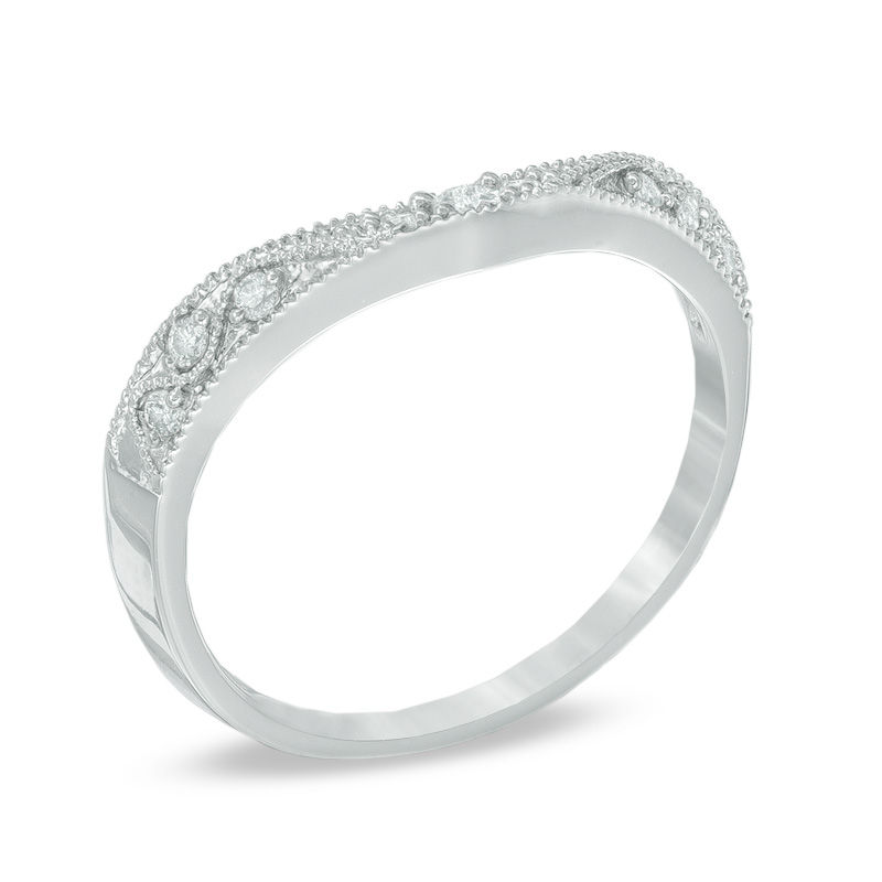 Main Image 2 of Previously Owned - 1/8 CT. T.W. Diamond Vintage-Style Contour Wedding Band in 14K White Gold