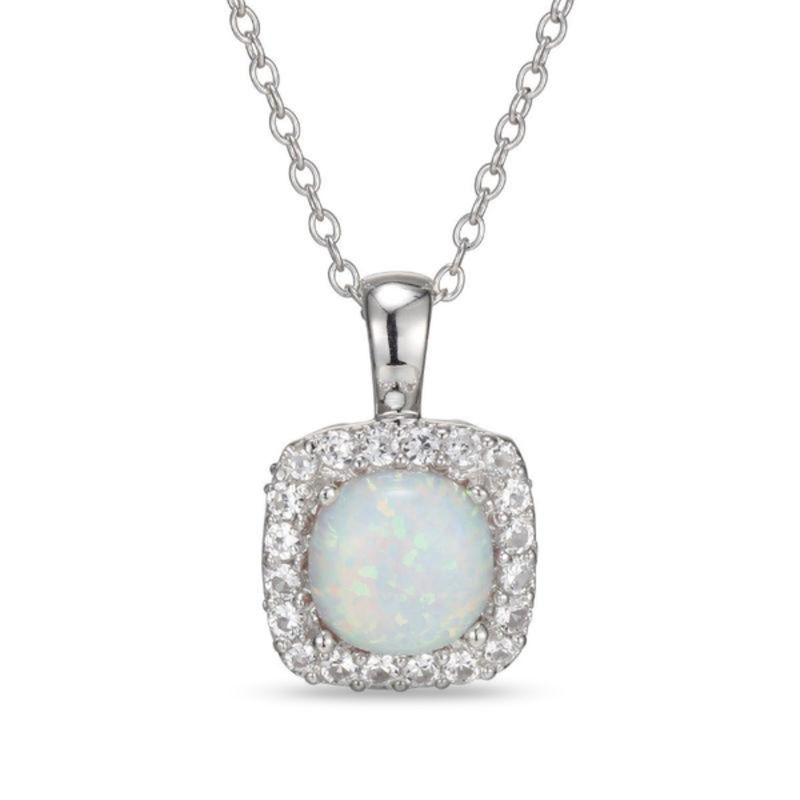 Main Image 1 of Previously Owned - 7.0mm Cushion-Cut Lab-Created Opal and White Sapphire Frame Pendant in Sterling Silver