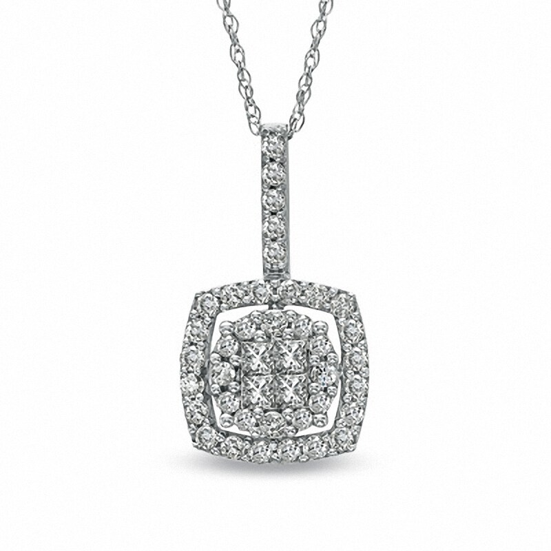 Main Image 1 of Previously Owned - 1/2 CT. T.W. Quad Princess-Cut Diamond Frame Pendant in 10K White Gold