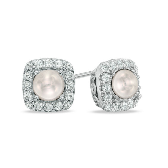 Previously Owned-4.5-5.0mm Freshwater Cultured Pearl and Lab-Created White Sapphire Frame Stud Earrings in Sterling Silver