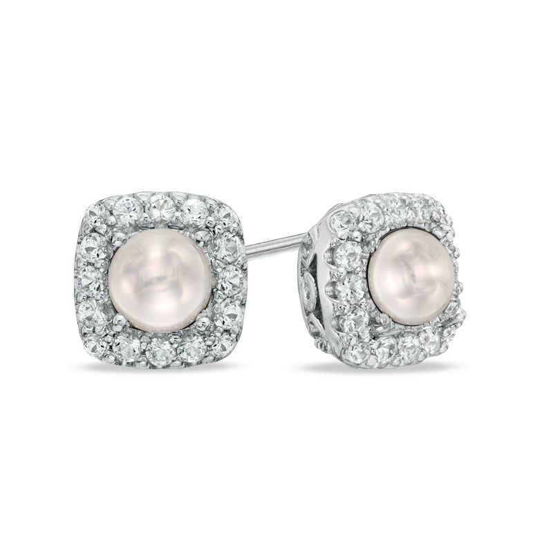 Main Image 1 of Previously Owned-4.5-5.0mm Freshwater Cultured Pearl and Lab-Created White Sapphire Frame Stud Earrings in Sterling Silver