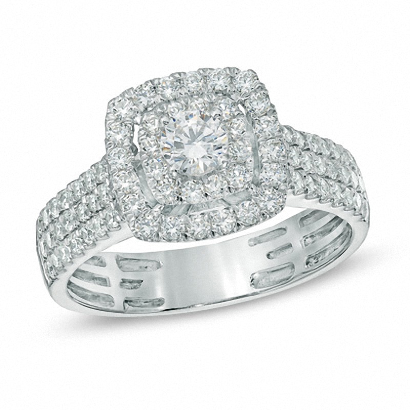 Main Image 1 of Previously Owned - 1 CT. T.W. Diamond Double Frame Triple Row Engagement Ring in 14K White Gold