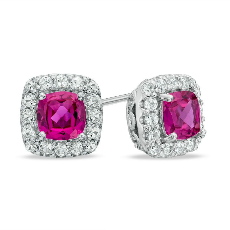 Main Image 1 of Previously Owned - 5.0mm Cushion-Cut Lab-Created Pink and White Sapphire Frame Stud Earrings in Sterling Silver