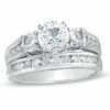 Thumbnail Image 1 of Previously Owned - Lab-Created White Sapphire Three Stone Bridal Set in Sterling Silver