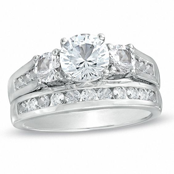 Previously Owned - Lab-Created White Sapphire Three Stone Bridal Set in Sterling Silver
