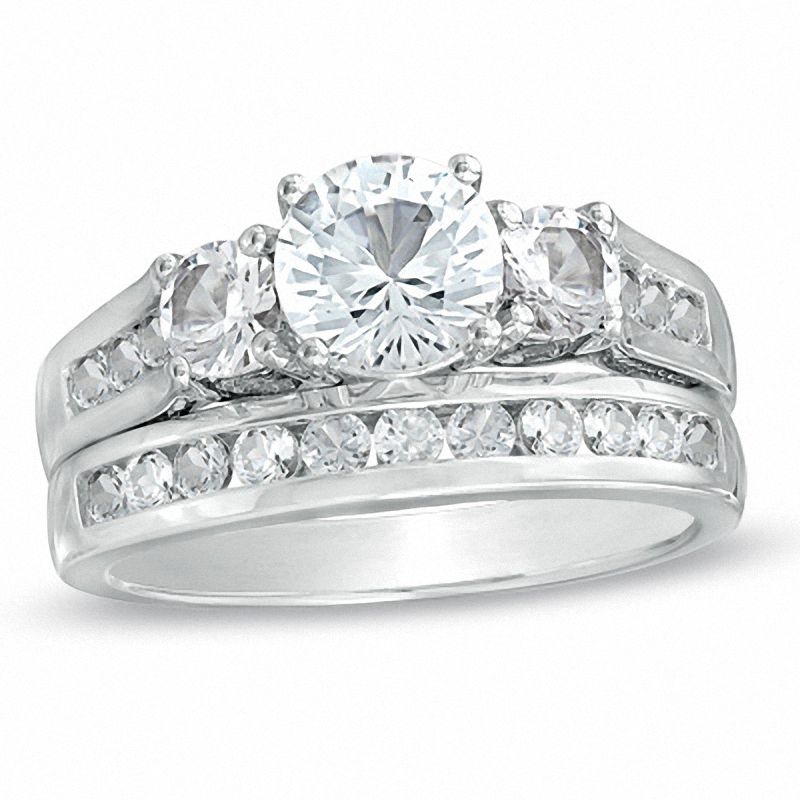 Main Image 1 of Previously Owned - Lab-Created White Sapphire Three Stone Bridal Set in Sterling Silver