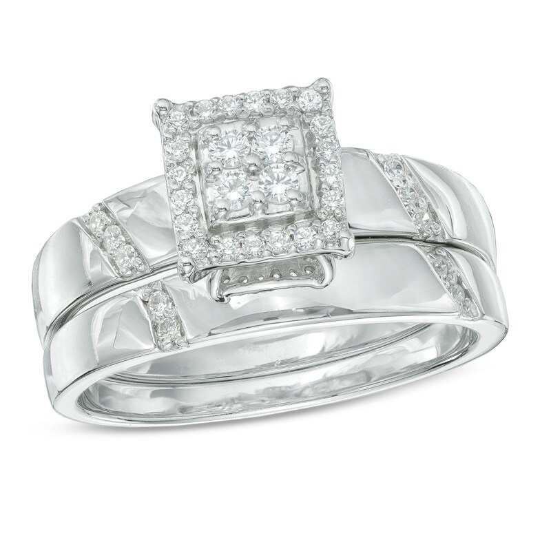 Main Image 1 of Previously Owned - 1/5 CT. T.W. Diamond Square Frame Bridal Set in 10K White Gold