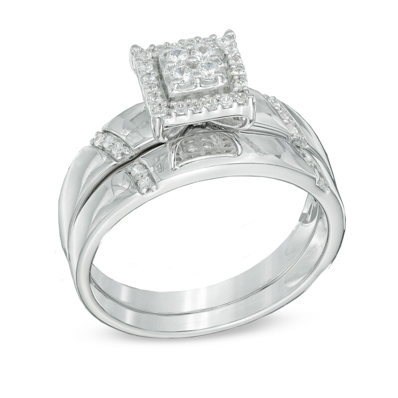 Main Image 2 of Previously Owned - 1/5 CT. T.W. Diamond Square Frame Bridal Set in 10K White Gold