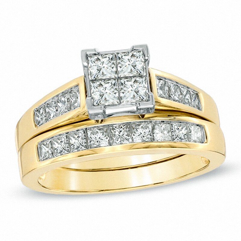 Main Image 1 of Previously Owned - 1-1/2 CT. T.W. Princess-Cut Quad Diamond Bridal Set in 14K Gold
