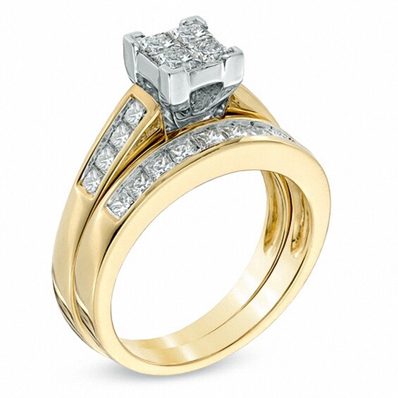 Previously Owned - 1-1/2 CT. T.w. Princess-Cut Quad Diamond Bridal Set in 14K Gold