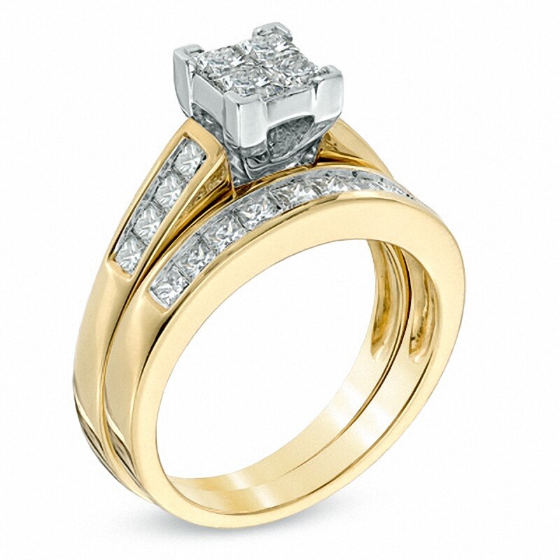 Main Image 2 of Previously Owned - 1-1/2 CT. T.W. Princess-Cut Quad Diamond Bridal Set in 14K Gold