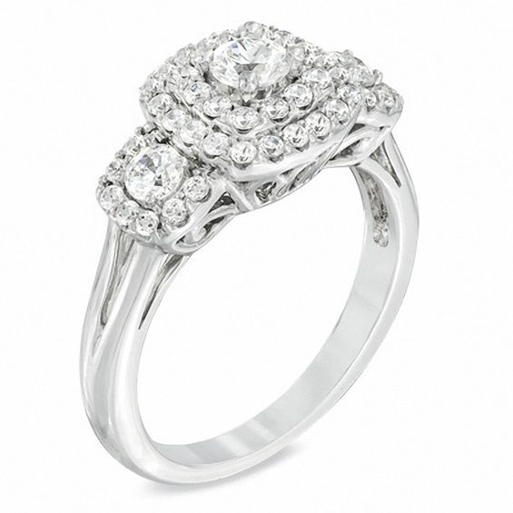 Previously Owned - 1 CT. T.w. Diamond Double Cushion Frame Three Stone Ring in 10K White Gold