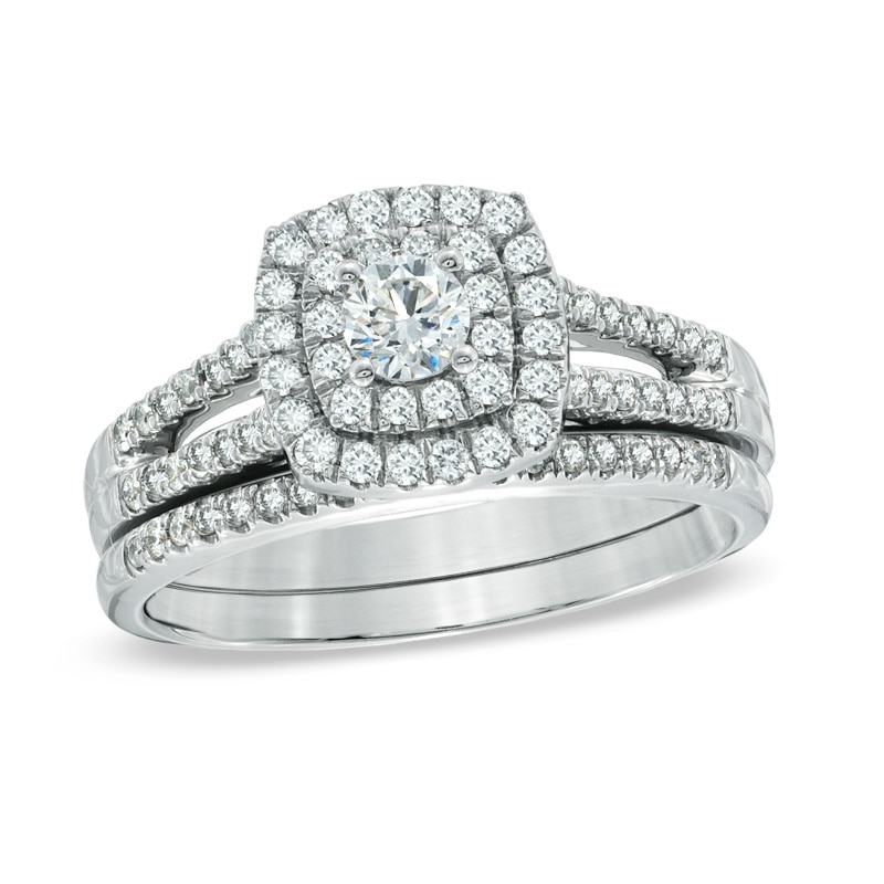 Main Image 1 of Previously Owned - 3/4 CT. T.W. Diamond Double Frame Bridal Set in 14K White Gold