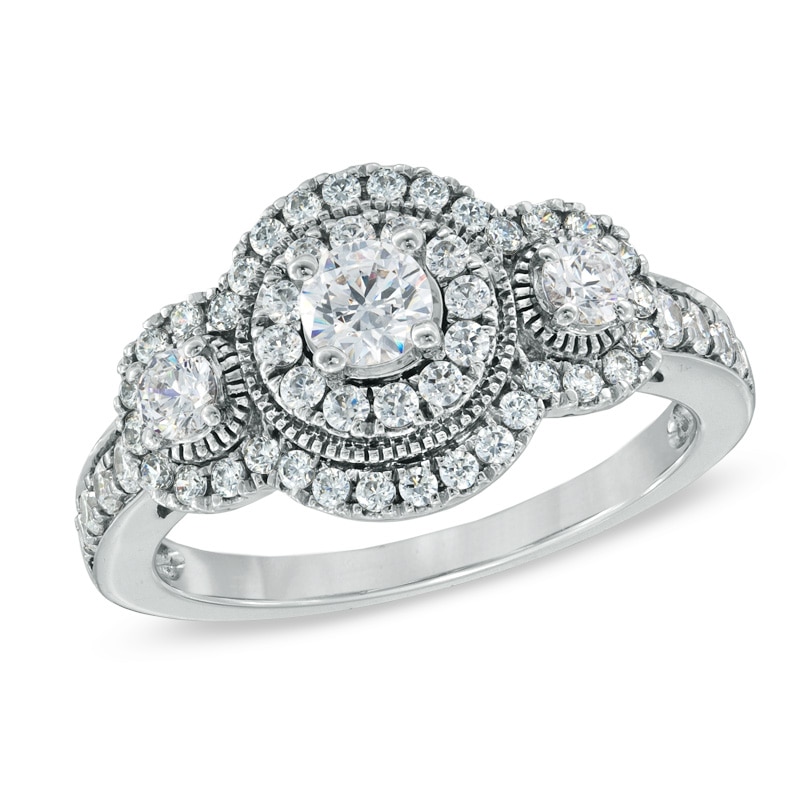 Main Image 1 of Previously Owned - 1 CT. T.W. Diamond Vintage-Style Three Stone Ring in 14K White Gold
