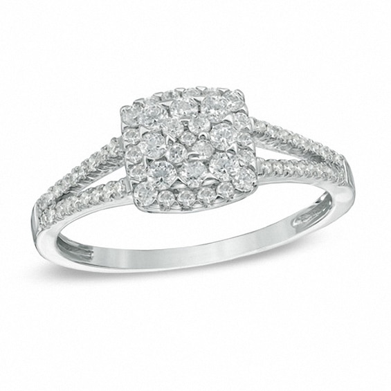 Previously Owned - 1/2 CT. T.w. Diamond Square Frame Cluster Engagement Ring in 10K White Gold