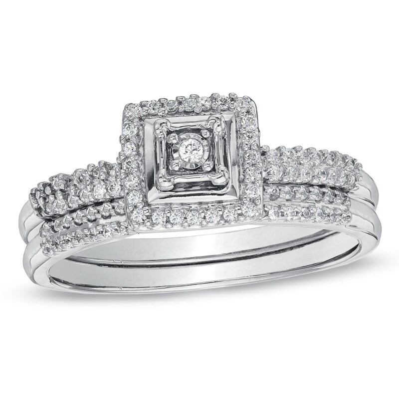 Main Image 1 of Previously Owned - 1/3 CT. T.W. Diamond Square Frame Bridal Set in 10K White Gold