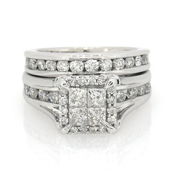 Previously Owned 1-1/2 CT. T.w. Quad Princess-Cut Diamond Frame Soldered Bridal Set in 14K White Gold