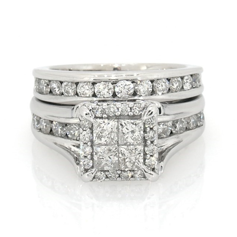 Main Image 1 of Previously Owned 1-1/2 CT. T.W. Quad Princess-Cut Diamond Frame Soldered Bridal Set in 14K White Gold