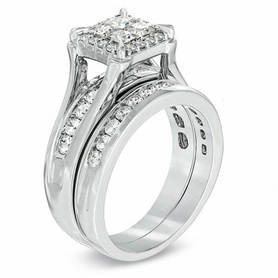 Previously Owned 1-1/2 CT. T.w. Quad Princess-Cut Diamond Frame Soldered Bridal Set in 14K White Gold